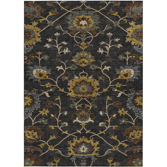 Black Gold And Blue Floral Washable Indoor Outdoor Area Rug Photo 2