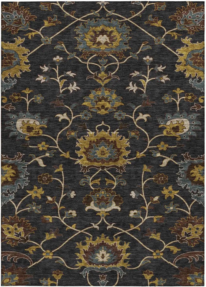 Black Gold And Blue Floral Washable Indoor Outdoor Area Rug Photo 2