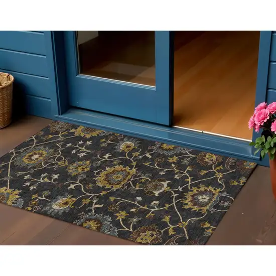 Black Gold And Blue Floral Washable Indoor Outdoor Area Rug Photo 1