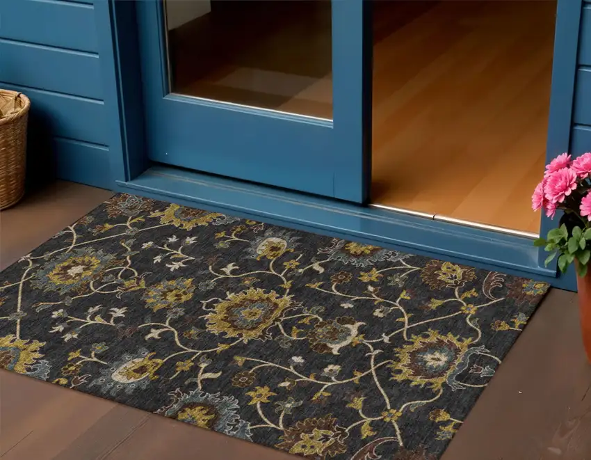 Black Gold And Blue Floral Washable Indoor Outdoor Area Rug Photo 1