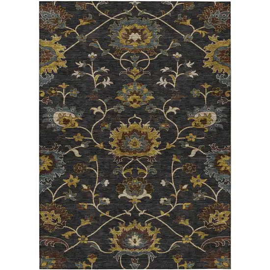 Black Gold And Blue Floral Washable Indoor Outdoor Area Rug Photo 4