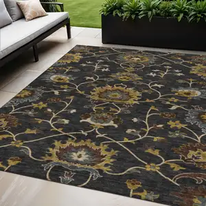 Photo of Black Gold And Blue Floral Washable Indoor Outdoor Area Rug