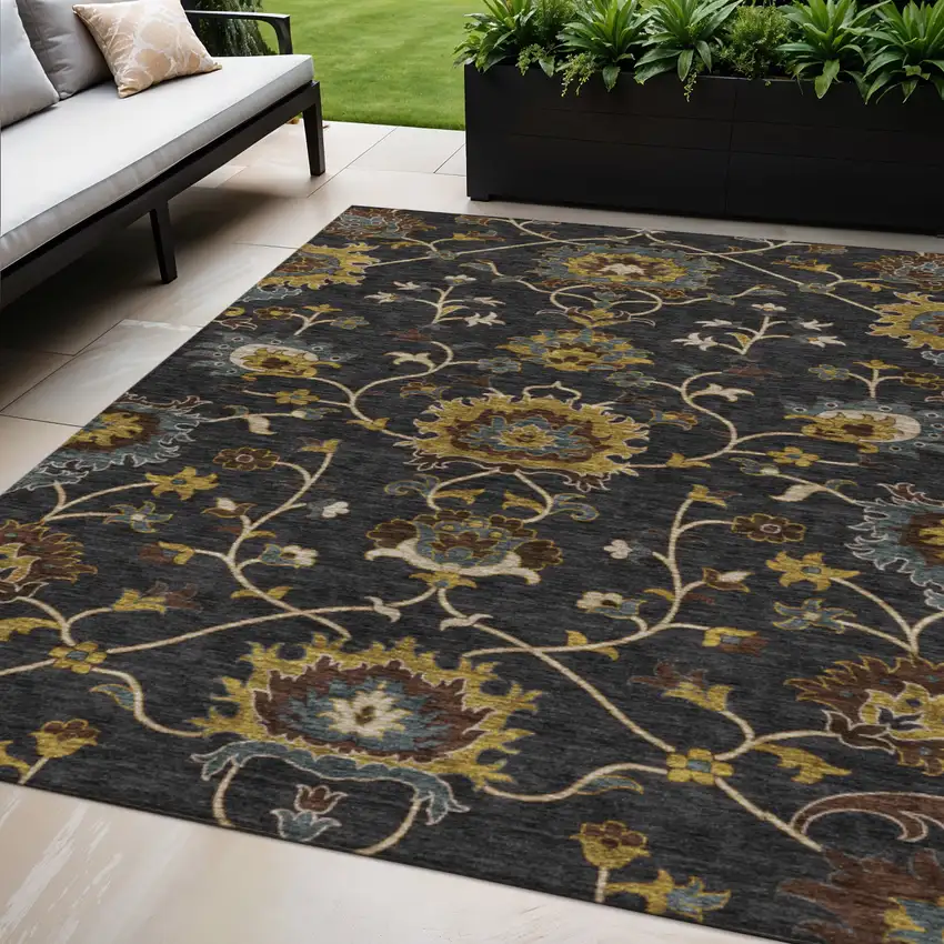 Black Gold And Blue Floral Washable Indoor Outdoor Area Rug Photo 1