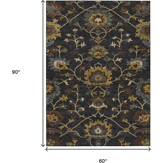 Black Gold And Blue Floral Washable Indoor Outdoor Area Rug Photo 3