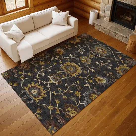 Black Gold And Blue Floral Washable Indoor Outdoor Area Rug Photo 9