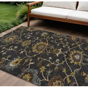 Photo of Black Gold And Blue Floral Washable Indoor Outdoor Area Rug