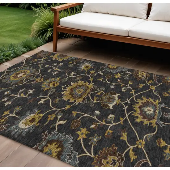 Black Gold And Blue Floral Washable Indoor Outdoor Area Rug Photo 1