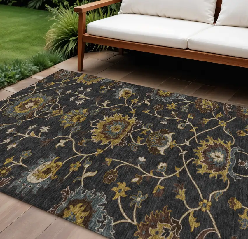 Black Gold And Blue Floral Washable Indoor Outdoor Area Rug Photo 1