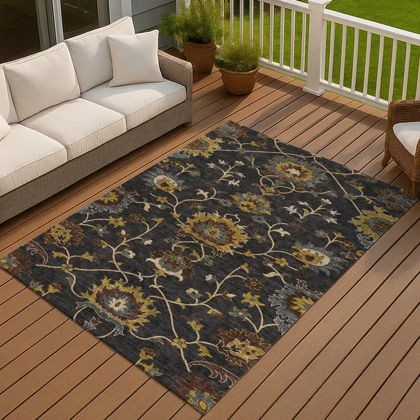 Black Gold And Blue Floral Washable Indoor Outdoor Area Rug Photo 8
