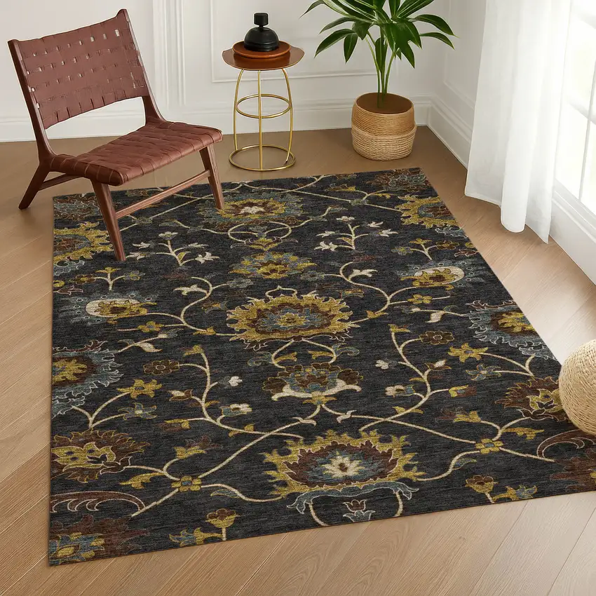 Black Gold And Blue Floral Washable Indoor Outdoor Area Rug Photo 9