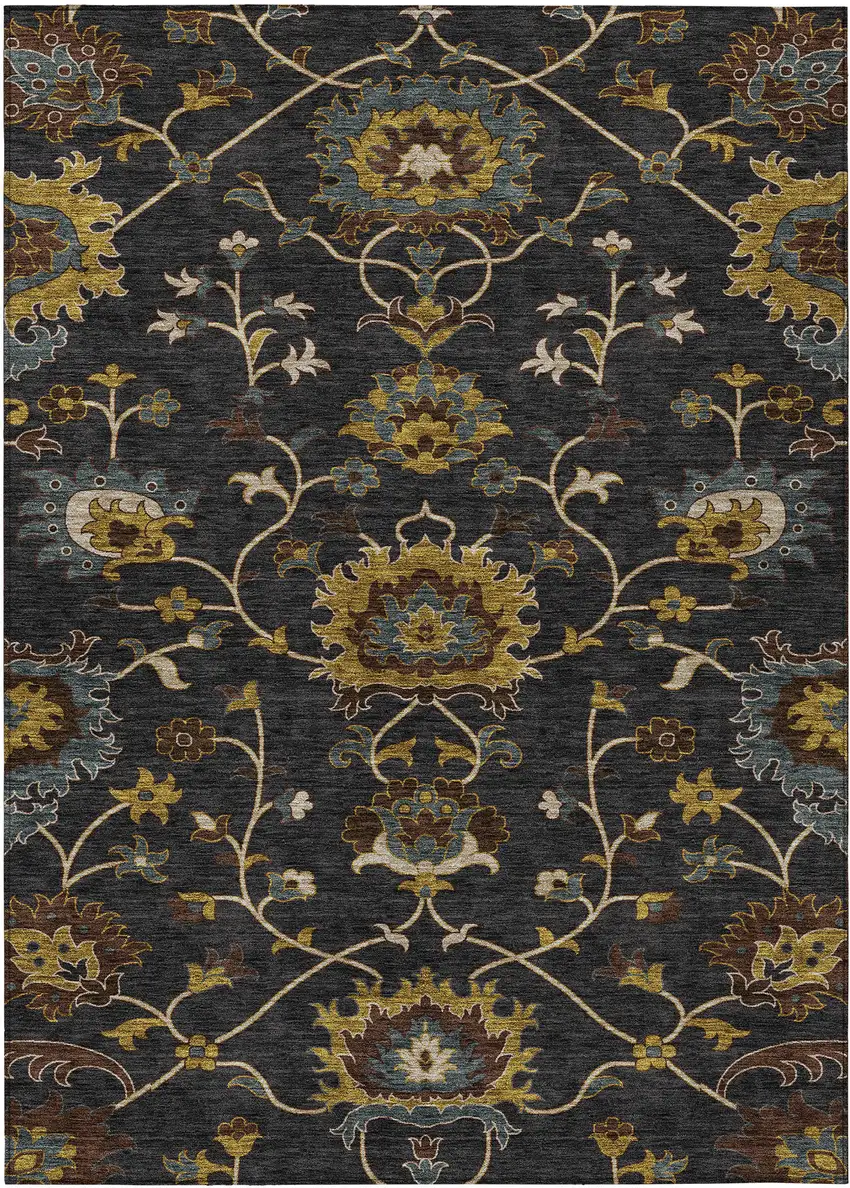 Black Gold And Blue Floral Washable Indoor Outdoor Area Rug Photo 2