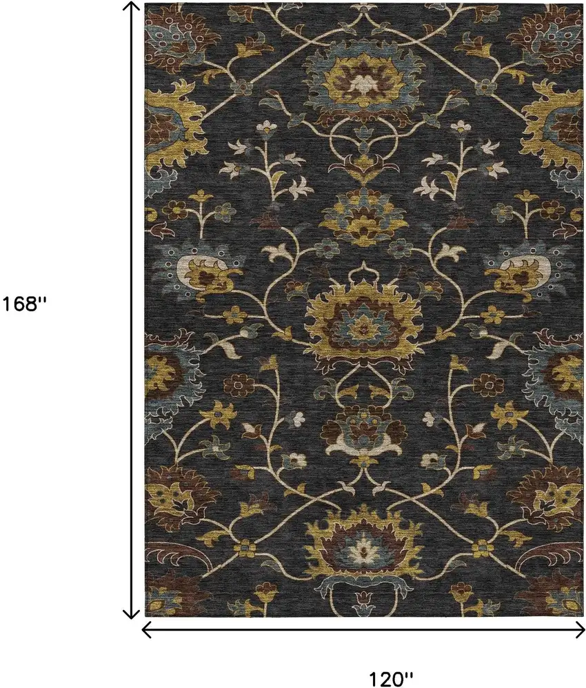 Black Gold And Blue Floral Washable Indoor Outdoor Area Rug Photo 3