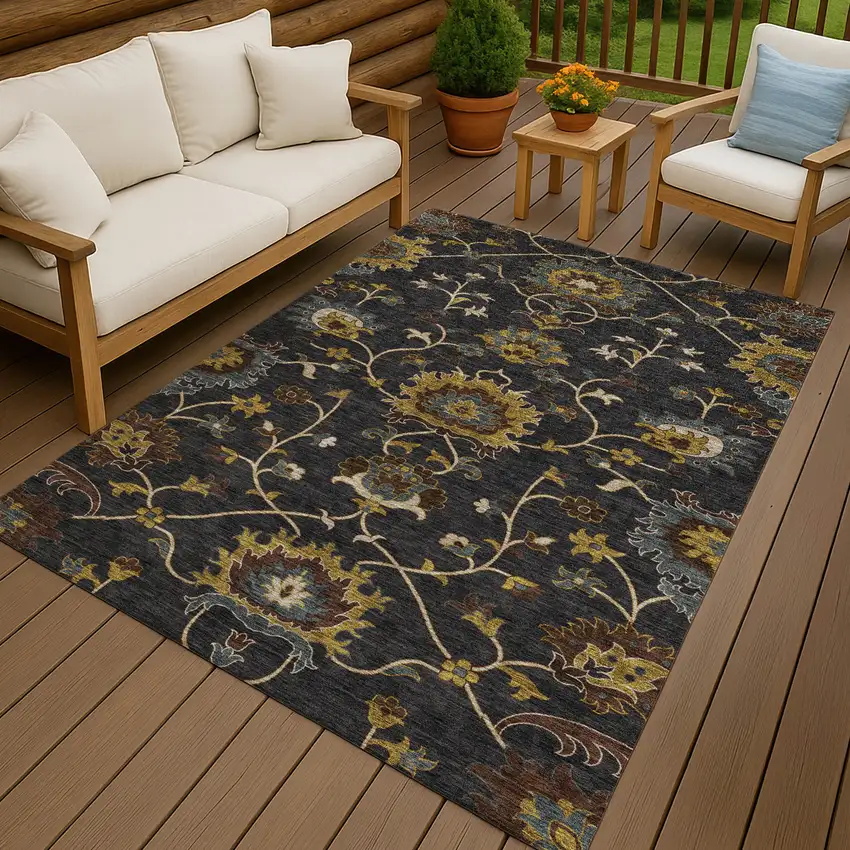 Black Gold And Blue Floral Washable Indoor Outdoor Area Rug Photo 9