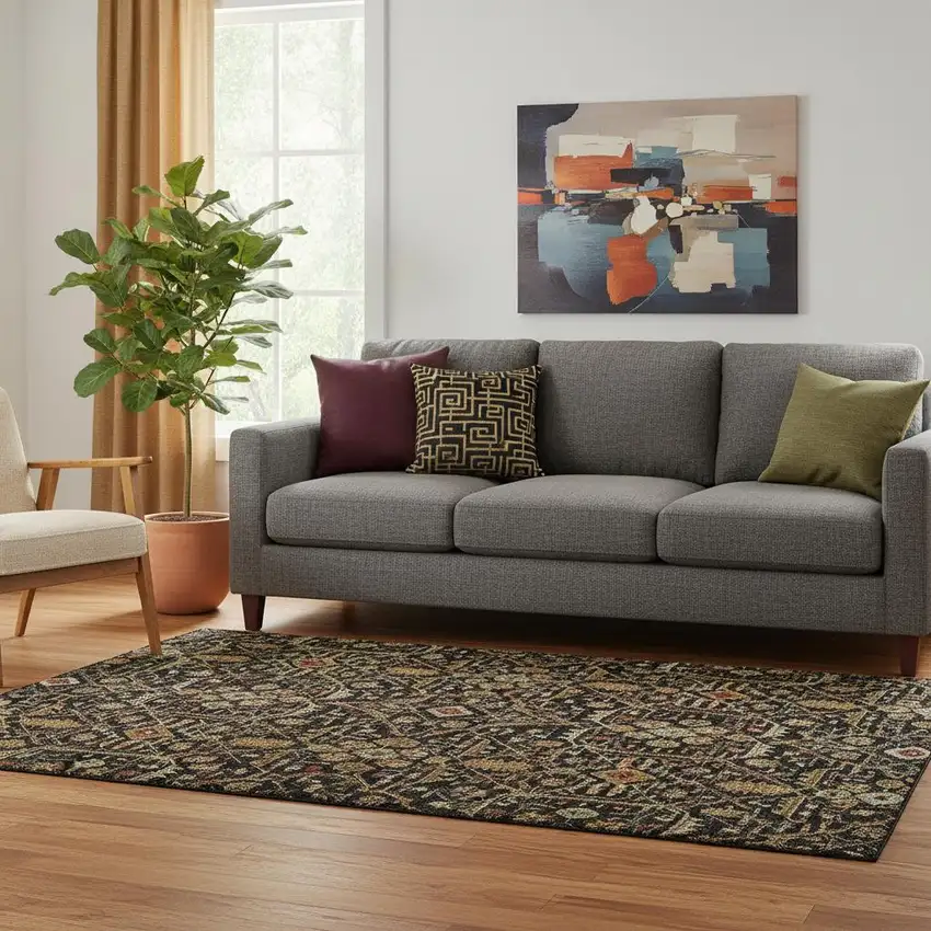 Black Gold And Blue Oriental Washable Area Rug With UV Protection Photo 2