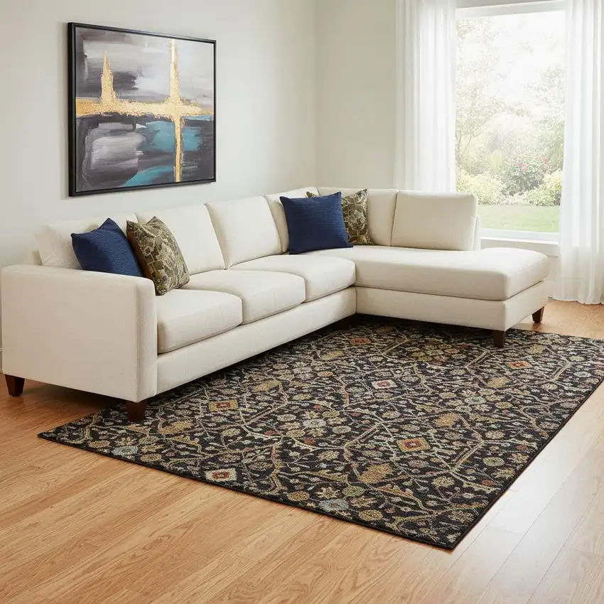 Black Gold And Blue Oriental Washable Area Rug With UV Protection Photo 2