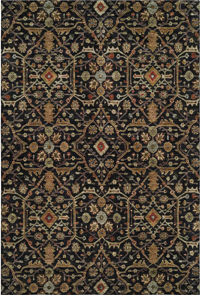 Black Gold And Blue Oriental Washable Area Rug With UV Protection Photo 1