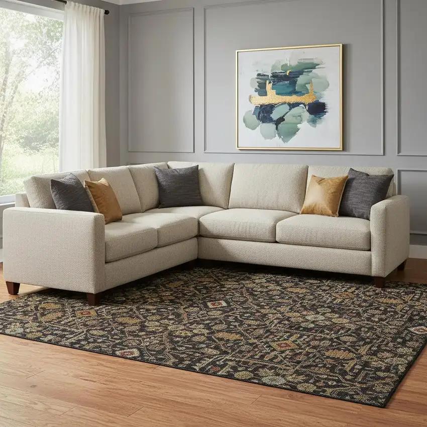 Black Gold And Blue Oriental Washable Area Rug With UV Protection Photo 2