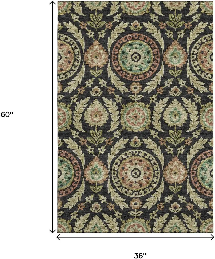 Black Gold And Copper Floral Washable Area Rug With UV Protection Photo 3