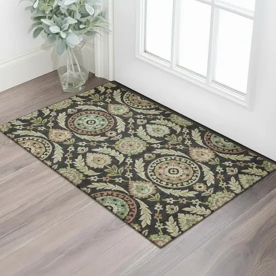 Black Gold And Copper Floral Washable Area Rug With UV Protection Photo 1
