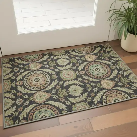 Black Gold And Copper Floral Washable Area Rug With UV Protection Photo 2