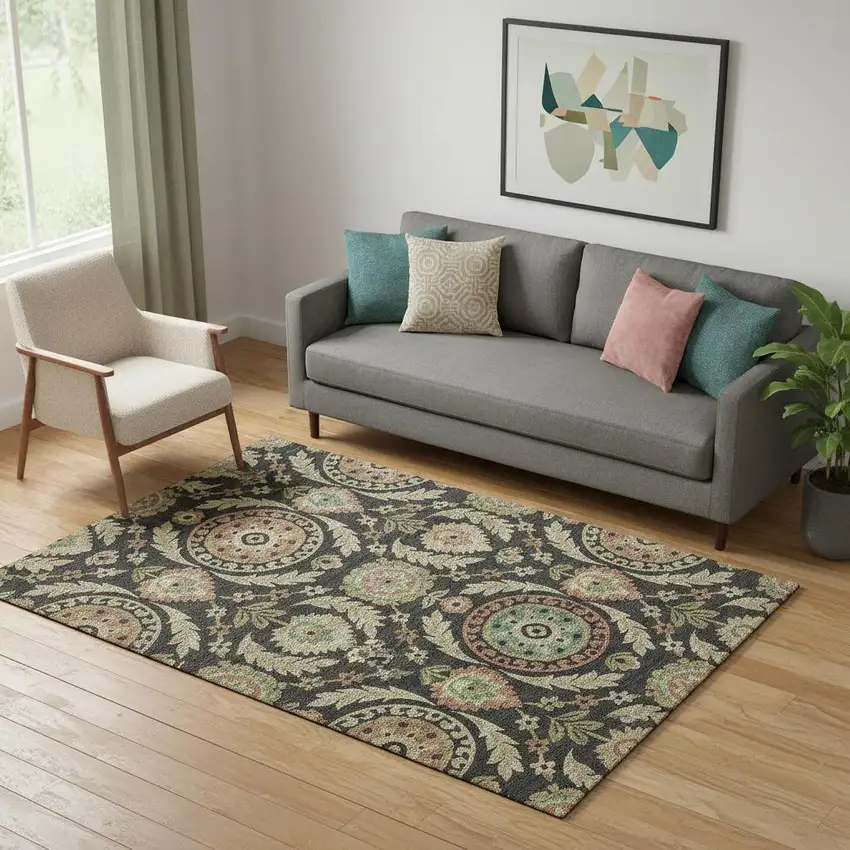 Black Gold And Copper Floral Washable Area Rug With UV Protection Photo 1