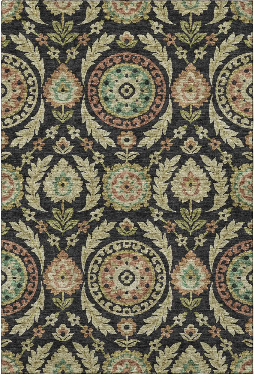 Black Gold And Copper Floral Washable Area Rug With UV Protection Photo 4