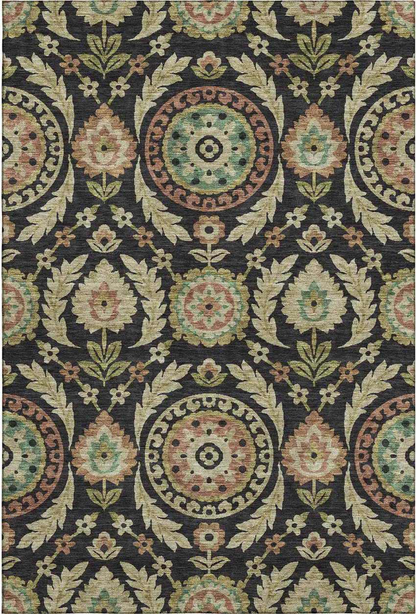 Black Gold And Copper Floral Washable Area Rug With UV Protection Photo 1