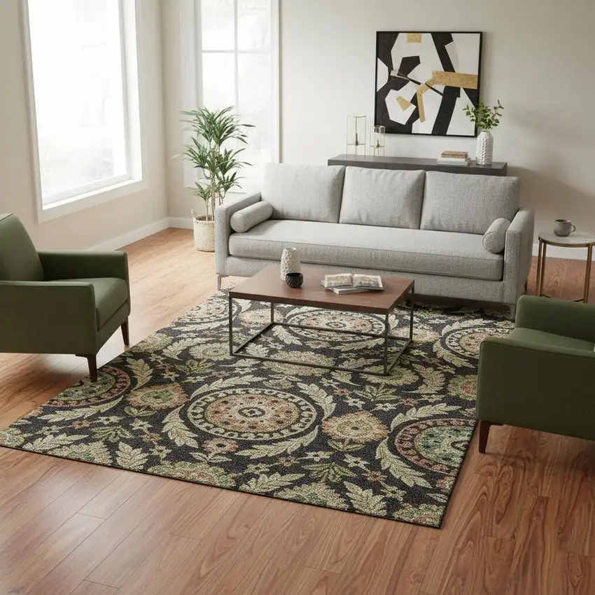 Black Gold And Copper Floral Washable Area Rug With UV Protection Photo 2