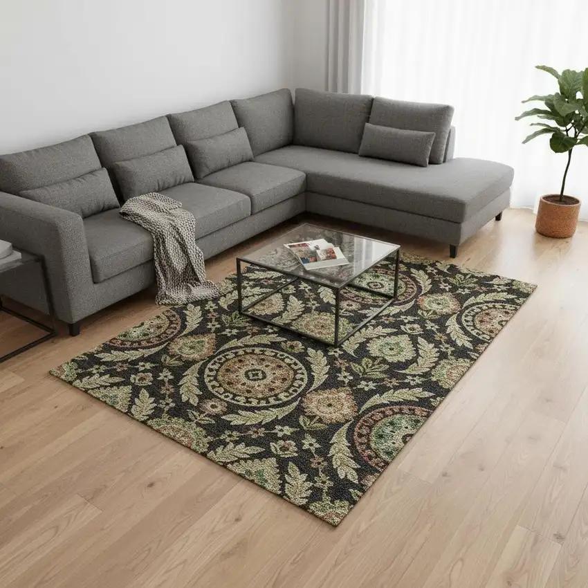 Black Gold And Copper Floral Washable Area Rug With UV Protection Photo 2