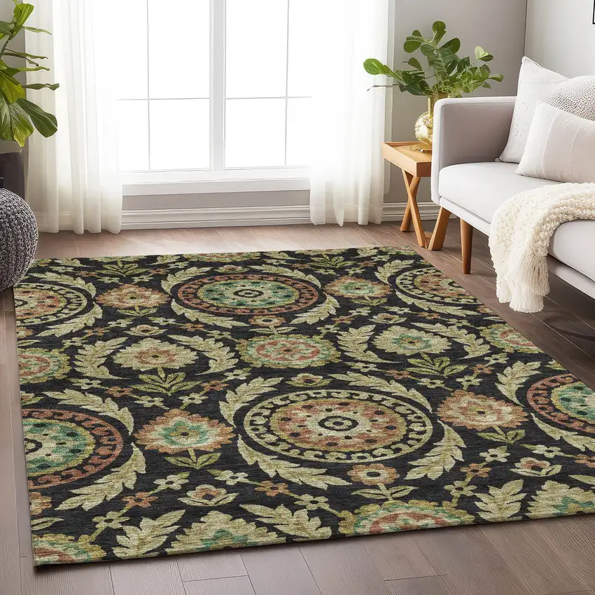 Black Gold And Copper Floral Washable Area Rug With UV Protection Photo 5