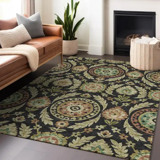 Black Gold And Copper Floral Washable Area Rug With UV Protection Photo 6