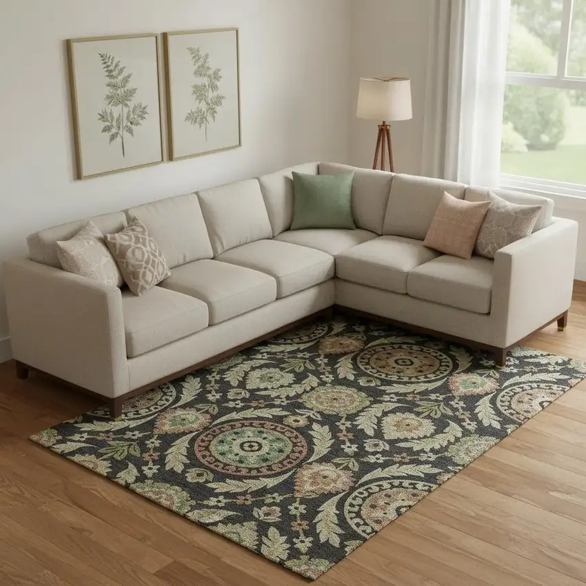 Black Gold And Copper Floral Washable Area Rug With UV Protection Photo 1