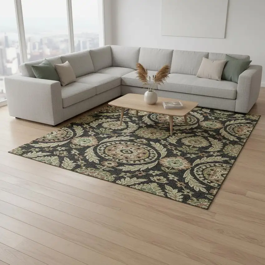 Black Gold And Copper Floral Washable Area Rug With UV Protection Photo 2