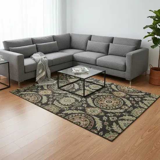 Black Gold And Copper Floral Washable Area Rug With UV Protection Photo 2