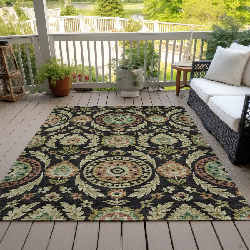 Black Gold And Copper Floral Washable Indoor Outdoor Area Rug Photo 6