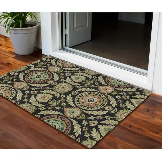 Black Gold And Copper Floral Washable Indoor Outdoor Area Rug Photo 1