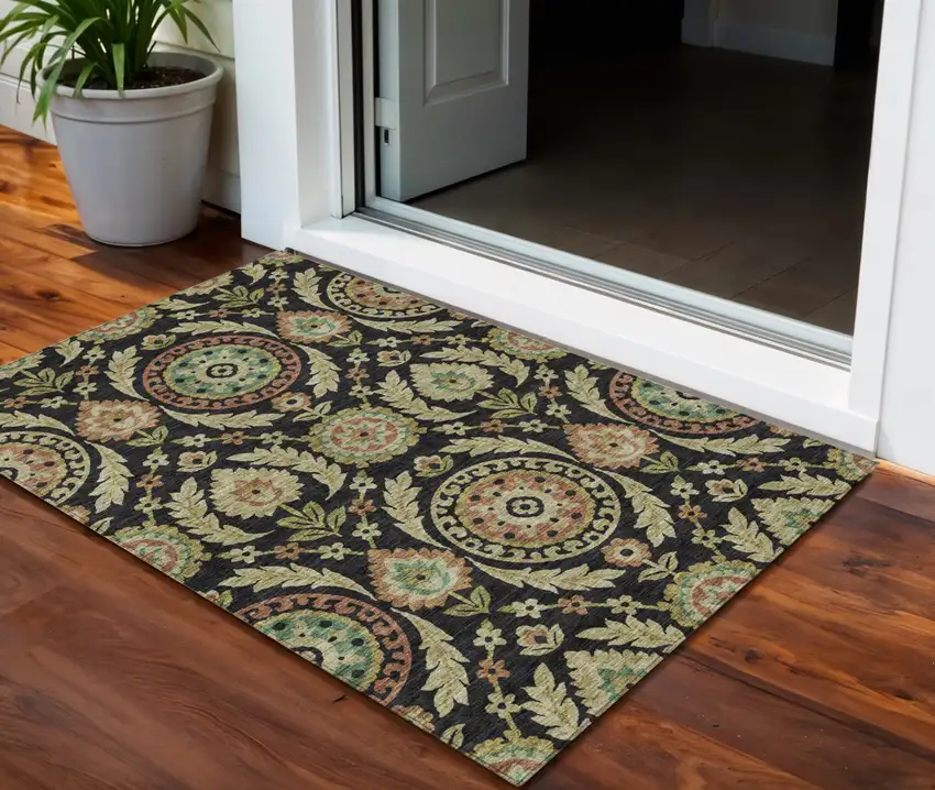 Black Gold And Copper Floral Washable Indoor Outdoor Area Rug Photo 1