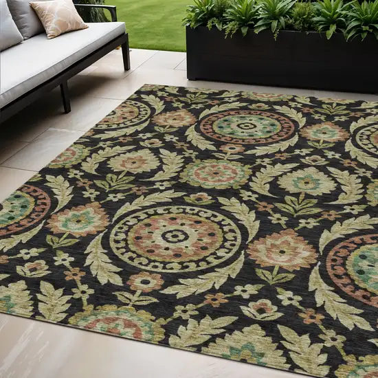 Black Gold And Copper Floral Washable Indoor Outdoor Area Rug Photo 1