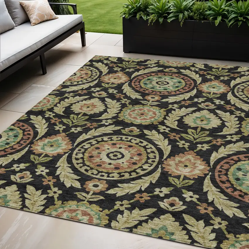 Black Gold And Copper Floral Washable Indoor Outdoor Area Rug Photo 1