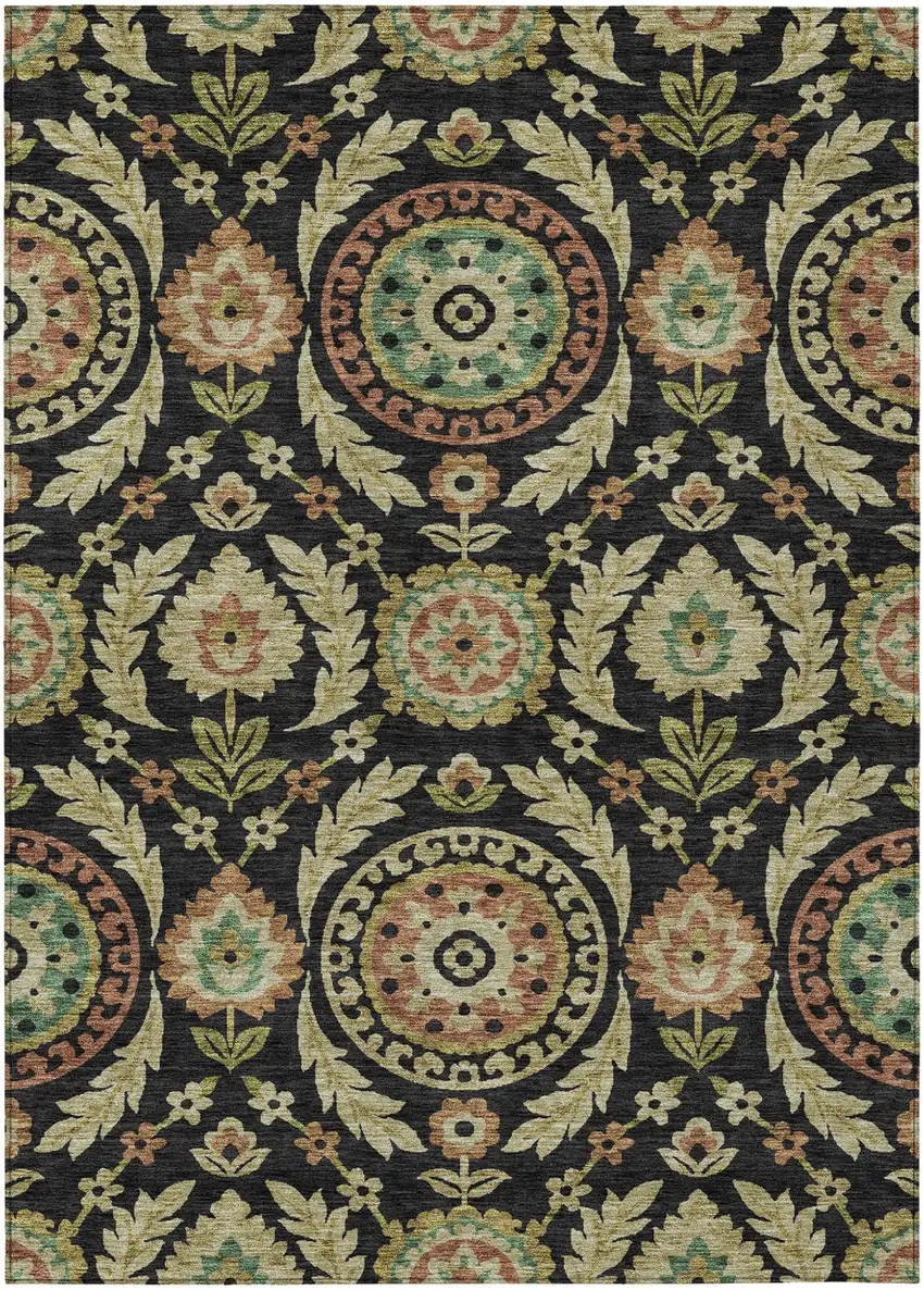 Black Gold And Copper Floral Washable Indoor Outdoor Area Rug Photo 1