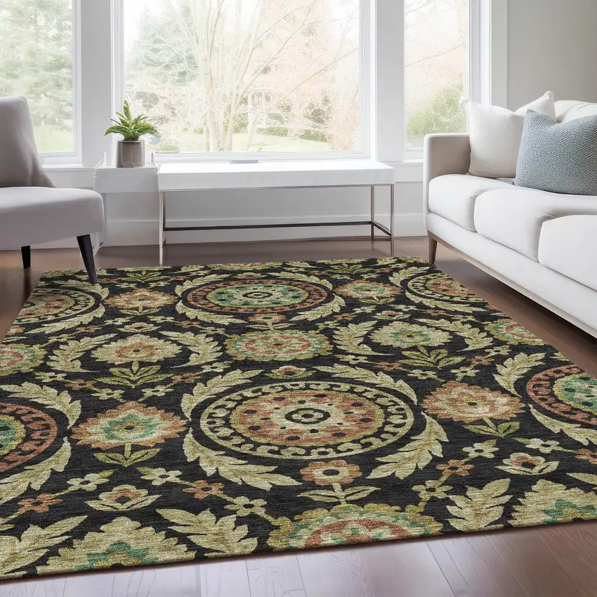 Black Gold And Copper Floral Washable Indoor Outdoor Area Rug Photo 7