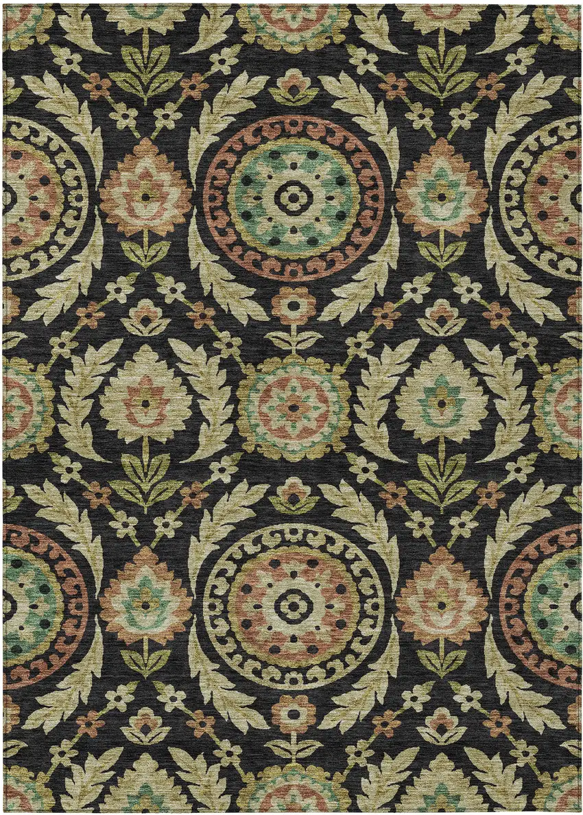 Black Gold And Copper Floral Washable Indoor Outdoor Area Rug Photo 1