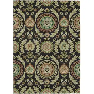Photo of Black Gold And Copper Floral Washable Indoor Outdoor Area Rug