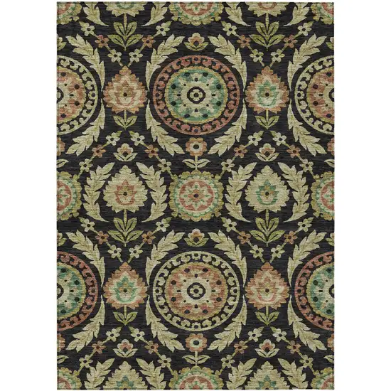 Black Gold And Copper Floral Washable Indoor Outdoor Area Rug Photo 1
