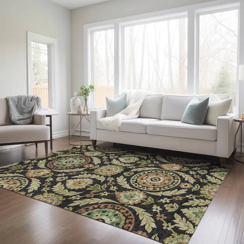 Black Gold And Copper Floral Washable Indoor Outdoor Area Rug Photo 8