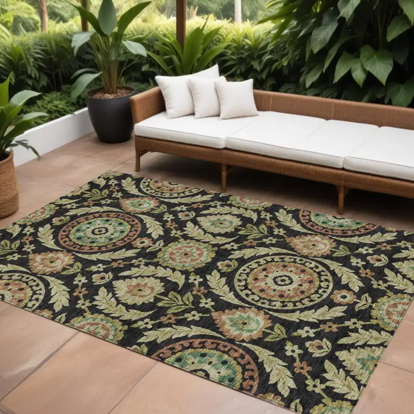 Black Gold And Copper Floral Washable Indoor Outdoor Area Rug Photo 1