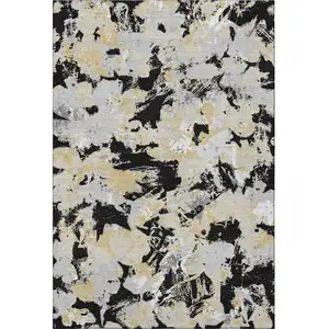 Photo of Black Gold And Gray Floral Washable Area Rug With UV Protection