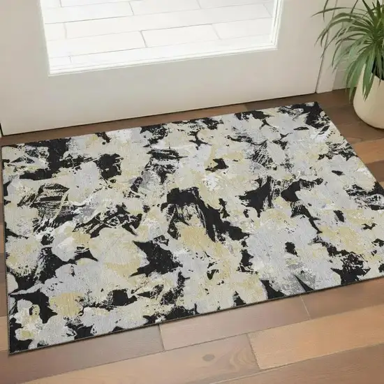 Black Gold And Gray Floral Washable Area Rug With UV Protection Photo 1