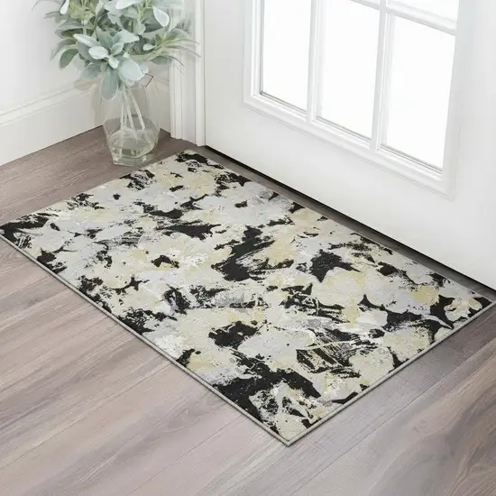 Black Gold And Gray Floral Washable Area Rug With UV Protection Photo 2