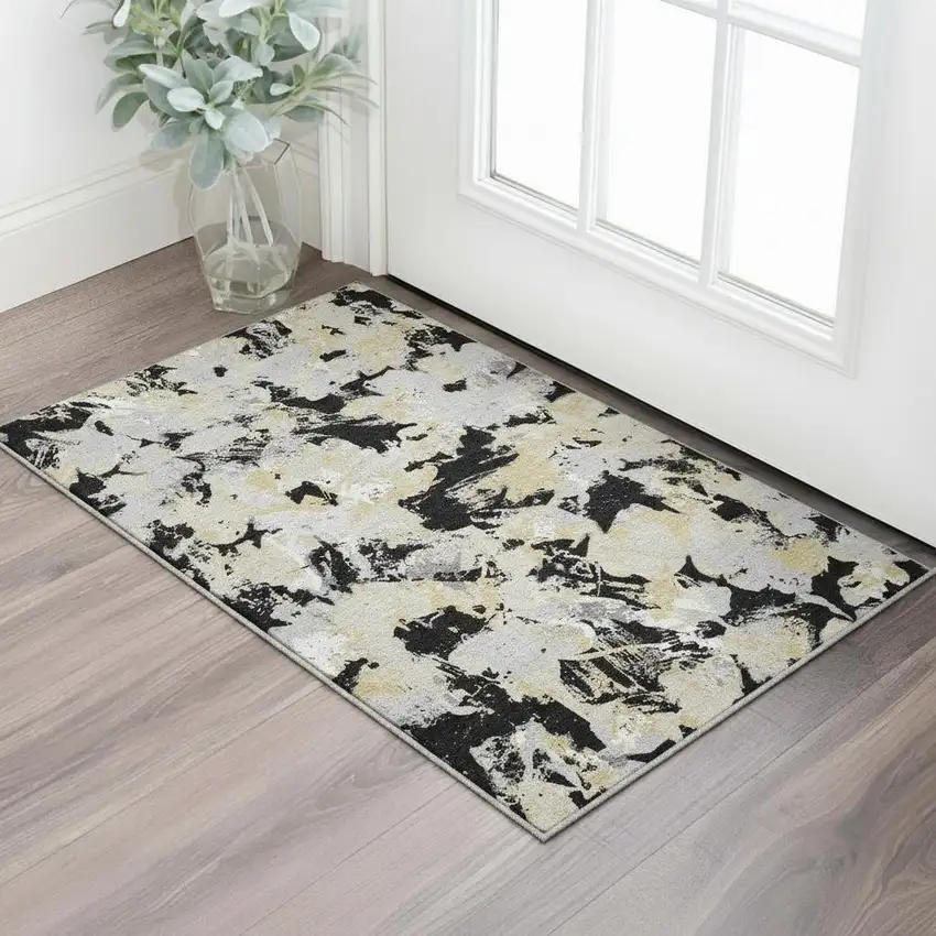 Black Gold And Gray Floral Washable Area Rug With UV Protection Photo 2